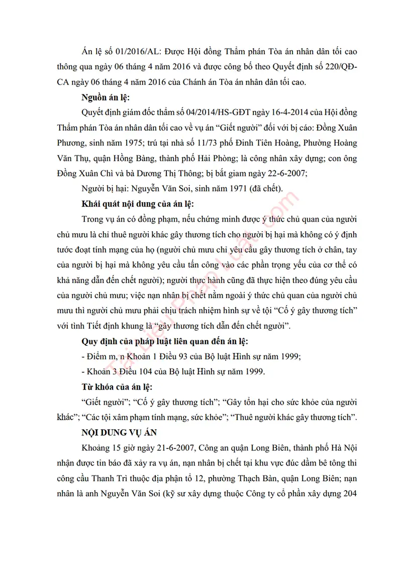 Ảnh bìa Án lệ số 01/2016/AL: Hướng dẫn áp dụng tình tiết định khung “gây thương tích dẫn đến chết người” trong vụ án Cố ý gây thương tích