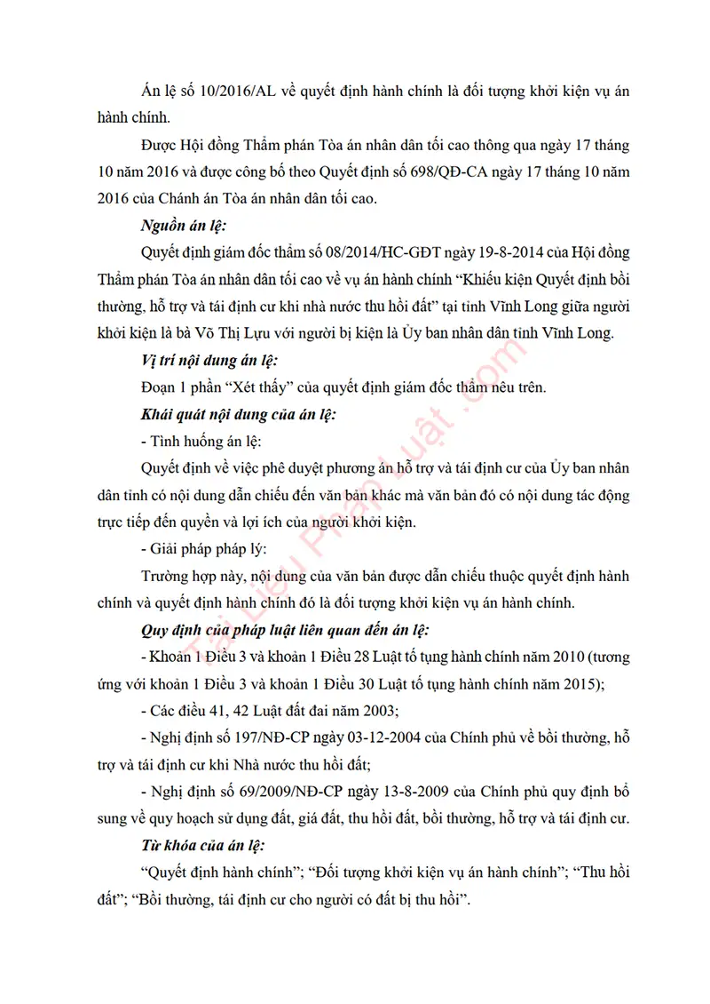 Ảnh bìa Án lệ số 10/2016/AL: Quyết định hành chính là đối tượng khởi kiện vụ án hành chính