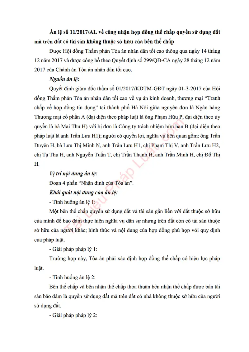 Ảnh bìa Án lệ số 11/2017/AL: Công nhận hợp đồng thế chấp quyền sử dụng đất mà trên đất có tài sản không thuộc sở hữu của bên thế chấp