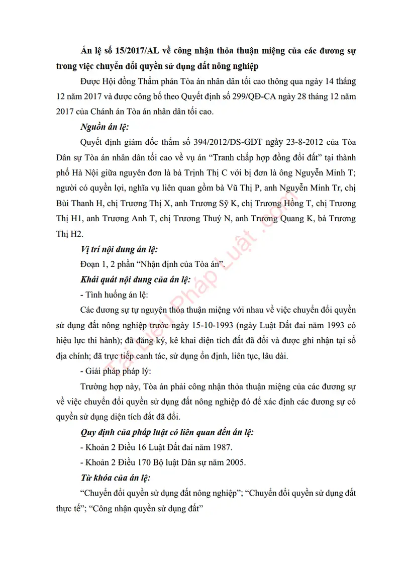 Ảnh bìa Án lệ số 15/2017/AL: Công nhận thỏa thuận miệng của các đương sự trong việc chuyển đổi quyền sử dụng đất nông nghiệp
