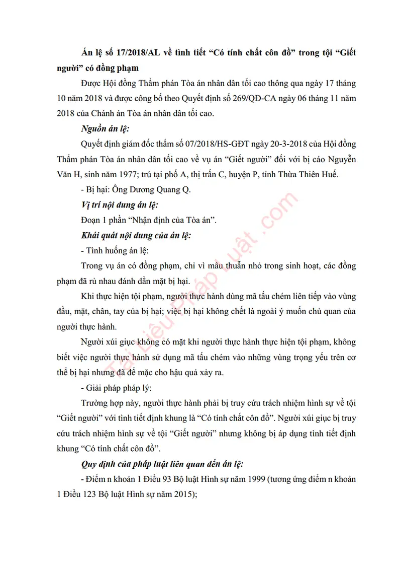 Ảnh bìa Án lệ số 17/2018/AL: Tình tiết “Có tính chất côn đồ” trong tội “Giết người” có đồng phạm
