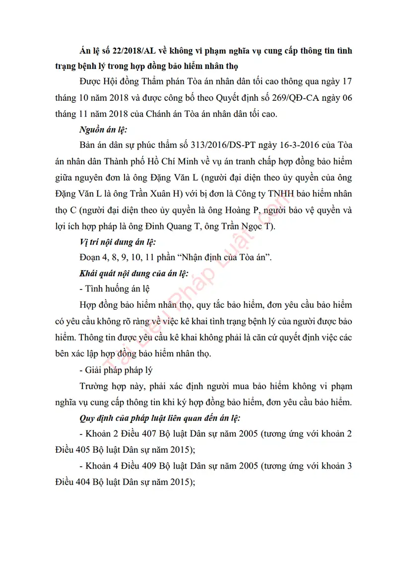 Ảnh bìa Án lệ số 22/2018/AL: Không vi phạm nghĩa vụ cung cấp thông tin tình trạng bệnh lý trong hợp đồng bảo hiểm nhân thọ