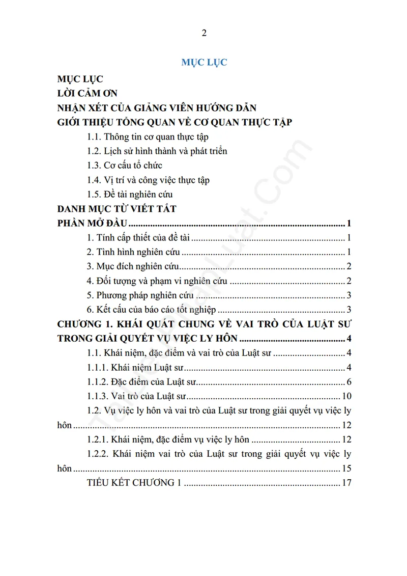 Mục lục: Báo cáo thực tập: Phân tích Vai trò của Luật sư trong giải quyết vụ việc ly hôn (Thực tập tại VPLS Vĩnh Thắng) - Bản xem trước trang 01