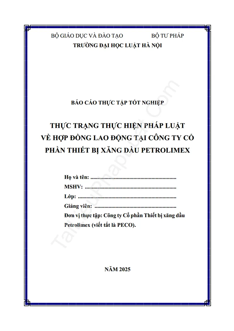 Ảnh bìa Báo cáo thực tập: Thực trạng thực hiện pháp luật về hợp đồng lao động, thực tiễn tại CTCP Thiết bị xăng dầu Petrolimex