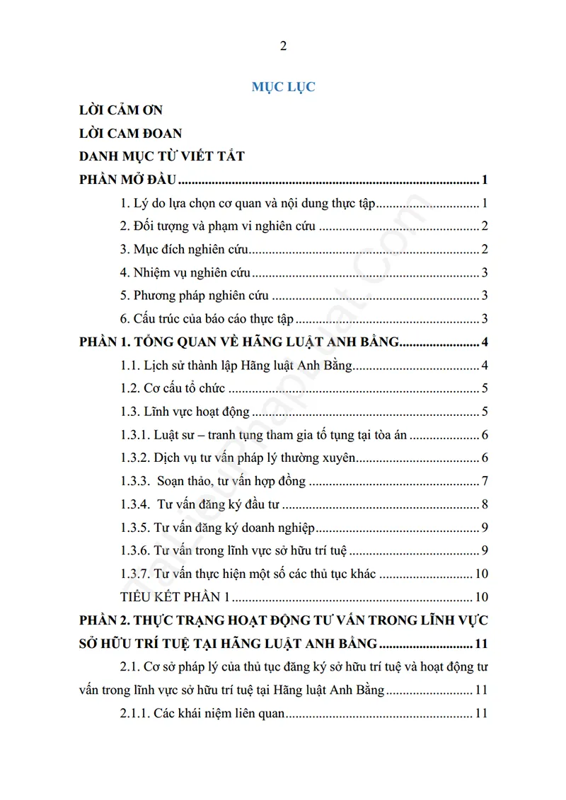 Xem trước mục lục: Báo cáo thực tập: Thực trạng và giải pháp nâng cao hiệu quả hoạt động tư vấn trong lĩnh vực sở hữu trí tuệ tại Hãng luật Anh Bằng - Trang 01 Mục lục: Báo cáo thực tập: Thực trạng và giải pháp nâng cao hiệu quả hoạt động tư vấn trong lĩnh vực sở hữu trí tuệ tại Hãng luật Anh Bằng - Bản xem trước trang 01