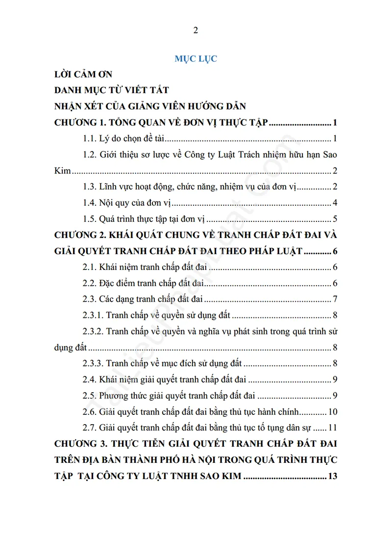 Mục lục: Báo cáo thực tập: Những tồn tại, bất cập về giải quyết tranh chấp đất đai trong thực tế (Thực tập tại Công ty Luật Sao Kim) - Bản xem trước trang 01