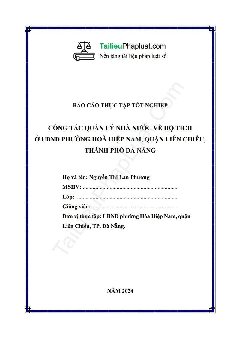 Ảnh bìa Báo cáo thực tập: Công tác quản lý nhà nước về hộ tịch ở UBND phường Hoà Hiệp Nam, quận Liên Chiểu, Thành phố Đà Nẵng