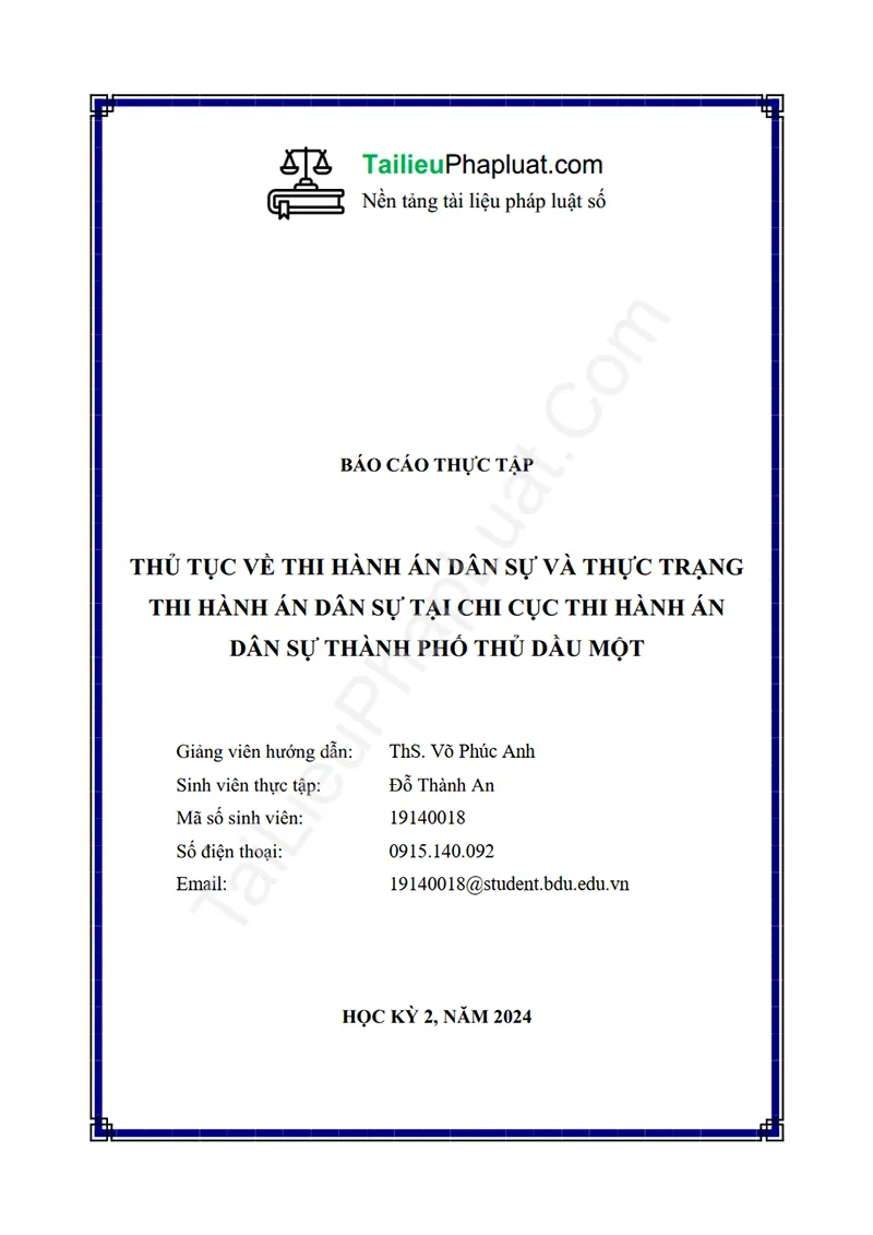 Ảnh bìa Báo cáo thực tập: Thủ tục thi hành án dân sự – Thực trạng tại Chi cục Thi hành án dân sự TP. Thủ Dầu Một