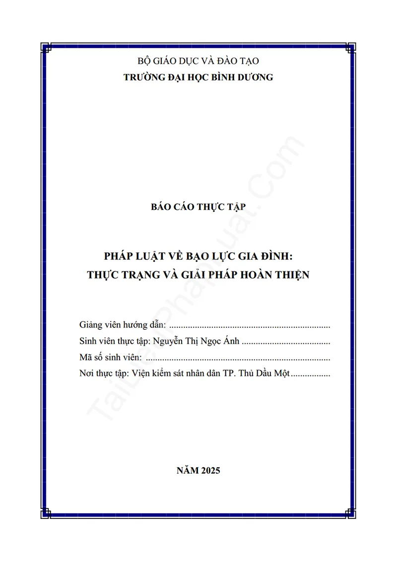 Ảnh bìa Báo cáo thực tập: Pháp luật về bạo lực gia đình – Thực trạng và giải pháp hoàn thiện (Thực tập tại VKSND TP. Thủ Dầu Một)