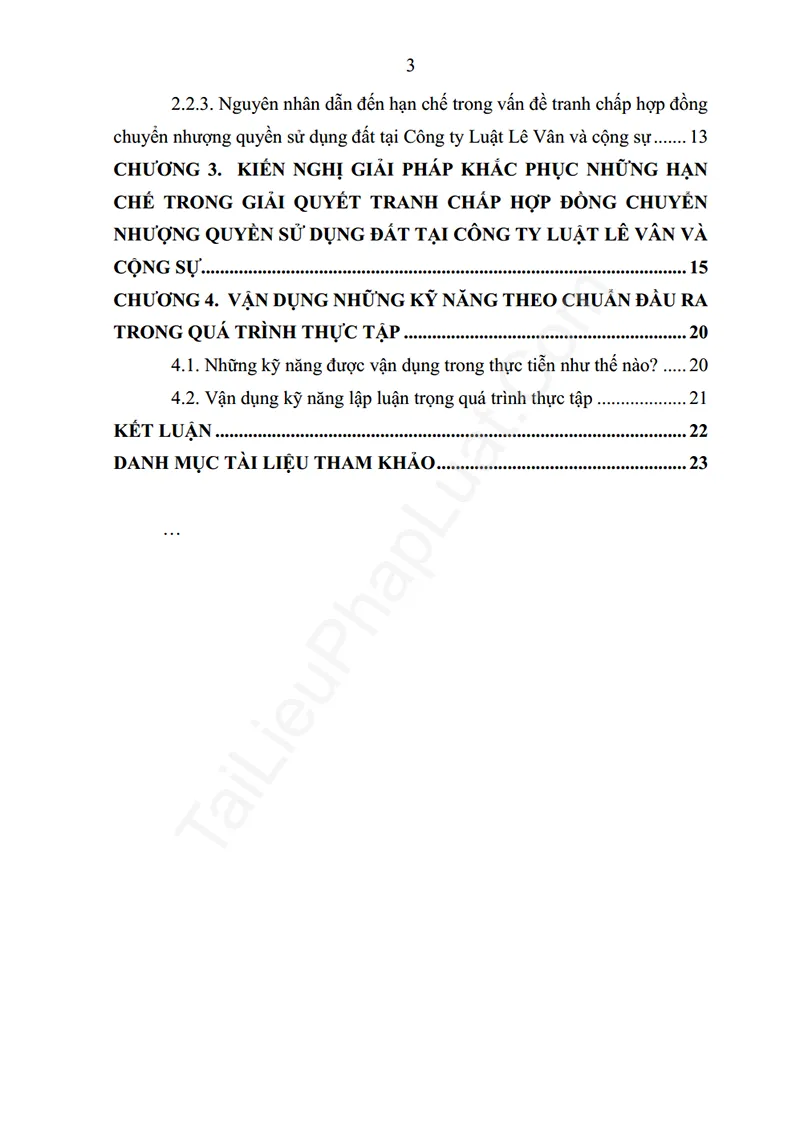 Xem trước mục lục: Báo cáo thực tập: Thực tiễn hoạt động tư vấn về giải quyết tranh chấp về hợp đồng chuyển nhượng quyền sử dụng đất tại Công ty Luật Lê Vân - Trang 02 Mục lục: Báo cáo thực tập: Thực tiễn hoạt động tư vấn về giải quyết tranh chấp về hợp đồng chuyển nhượng quyền sử dụng đất tại Công ty Luật Lê Vân - Bản xem trước trang 02