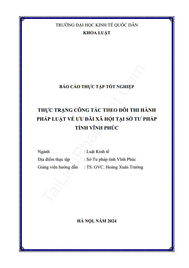 Ảnh bìa Báo cáo thực tập: Thực trạng công tác theo dõi thi hành pháp luật về ưu đãi xã hội tại Sở Tư pháp tỉnh Vĩnh Phúc