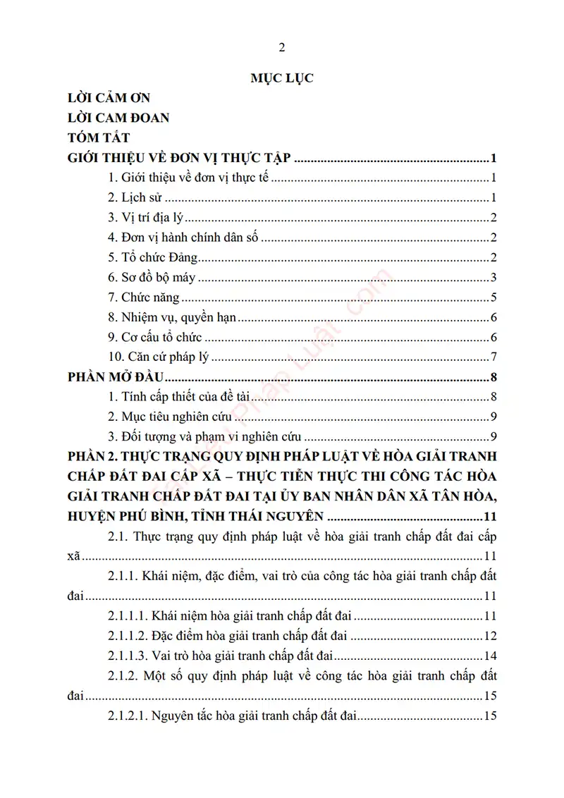 Mục lục: Báo cáo thực tập: Pháp luật về hoà giải tranh chấp đất đai cấp xã – Thực tiễn thực hiện tại UBND xã Tân Hòa, huyện Phú Bình, TP. Thái Nguyên - Bản xem trước trang 01