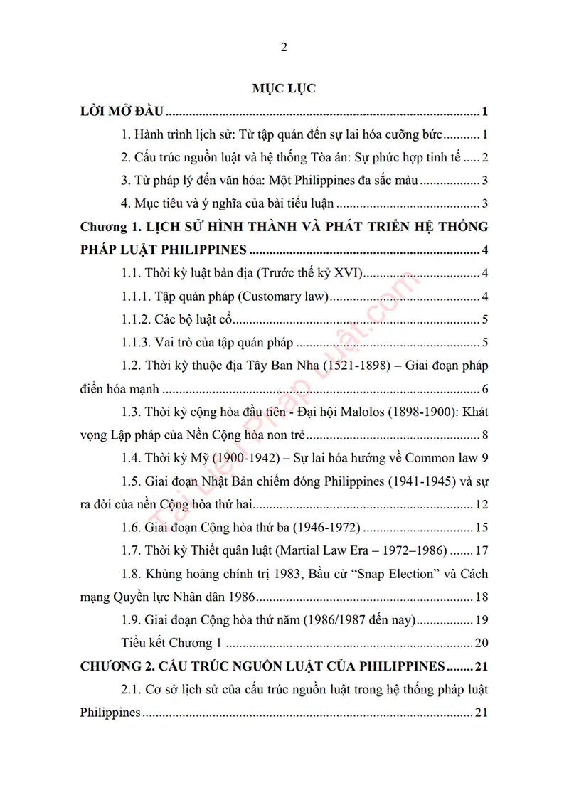 Xem trước mục lục: Tiểu luận: Nghiên cứu hệ thống pháp luật của Philippines – Bài học kinh nghiệm cho Việt Nam - Trang 01 Mục lục: Tiểu luận: Nghiên cứu hệ thống pháp luật của Philippines – Bài học kinh nghiệm cho Việt Nam - Bản xem trước trang 01