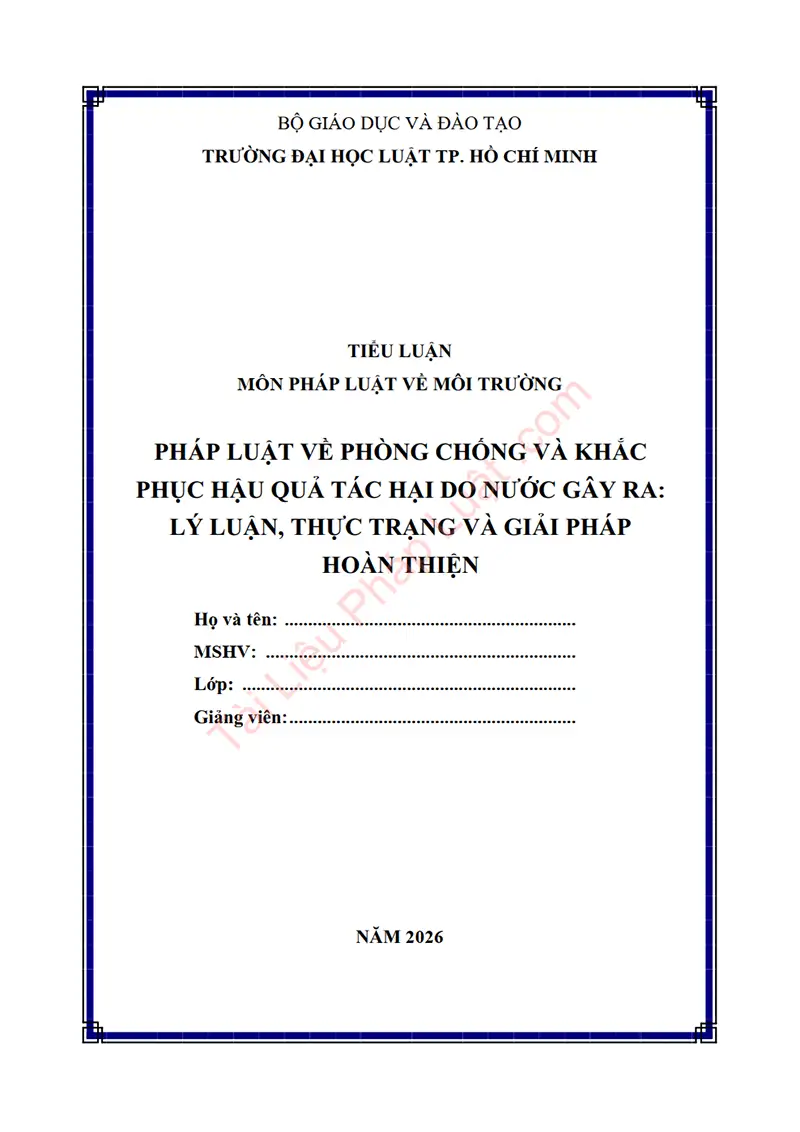 Ảnh bìa Tiểu luận: Pháp luật về phòng, chống và khắc phục hậu quả tác hại do nước gây ra – Lý luận, thực trạng và giải pháp hoàn thiện
