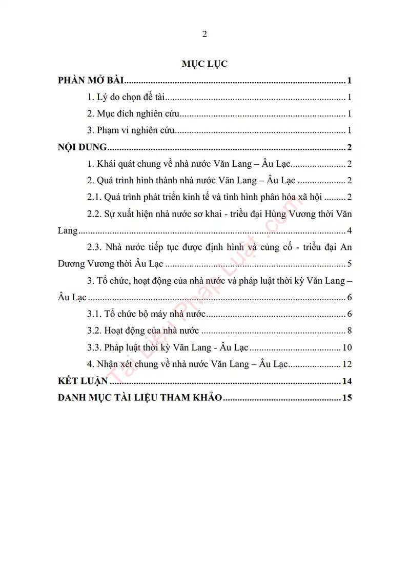 Xem trước mục lục: Tiểu luận: Lịch sử nhà nước và pháp luật thời kỳ Văn Lang – Âu Lạc - Trang 01 Mục lục: Tiểu luận: Lịch sử nhà nước và pháp luật thời kỳ Văn Lang – Âu Lạc - Bản xem trước trang 01