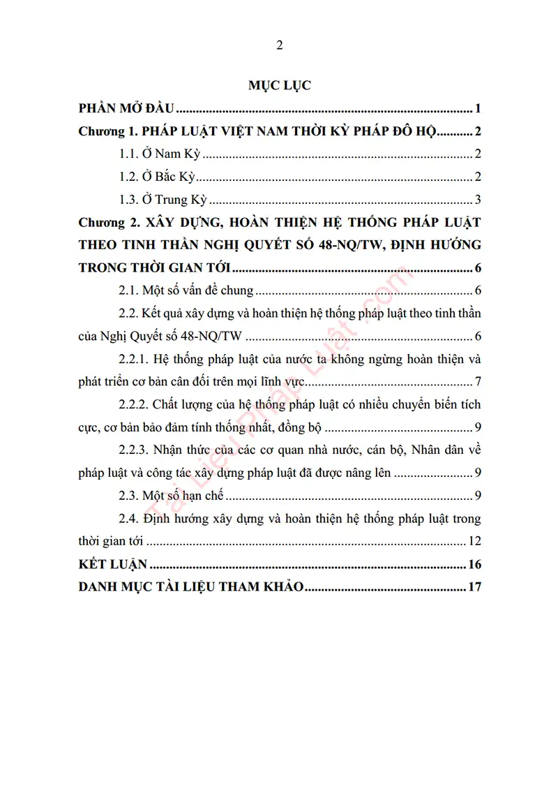 Xem trước mục lục: Tiểu luận: Pháp luật Việt Nam thời kỳ Pháp đô hộ và xây dựng, hoàn thiện hệ thống pháp luật theo tinh thần Nghị quyết số 48-NQ/TW, định hướng trong thời gian tới - Trang 01 Mục lục: Tiểu luận: Pháp luật Việt Nam thời kỳ Pháp đô hộ và xây dựng, hoàn thiện hệ thống pháp luật theo tinh thần Nghị quyết số 48-NQ/TW, định hướng trong thời gian tới - Bản xem trước trang 01