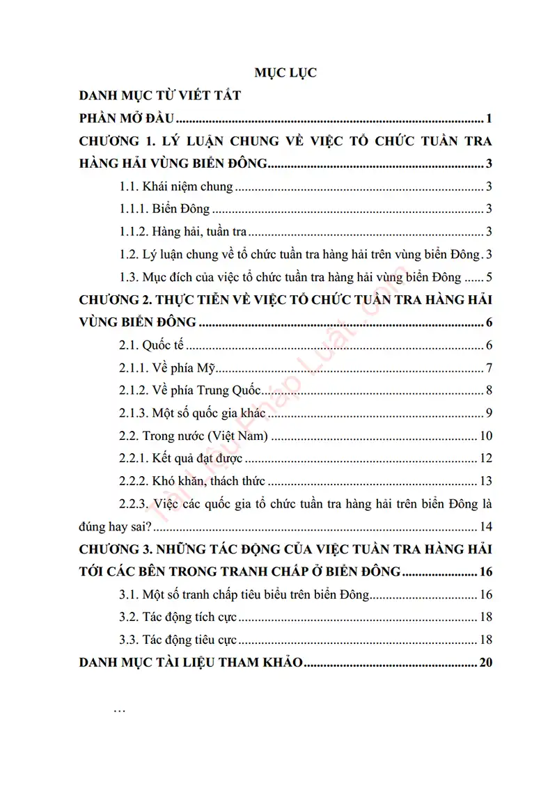 Xem trước mục lục: Tiểu luận: Việc các quốc gia tổ chức tuần tra hàng hải trên vùng Biển Đông là đúng hay sai, phân tích những tác động tới các bên trong tranh chấp ở Biển Đông - Trang 01 Mục lục: Tiểu luận: Việc các quốc gia tổ chức tuần tra hàng hải trên vùng Biển Đông là đúng hay sai, phân tích những tác động tới các bên trong tranh chấp ở Biển Đông - Bản xem trước trang 01