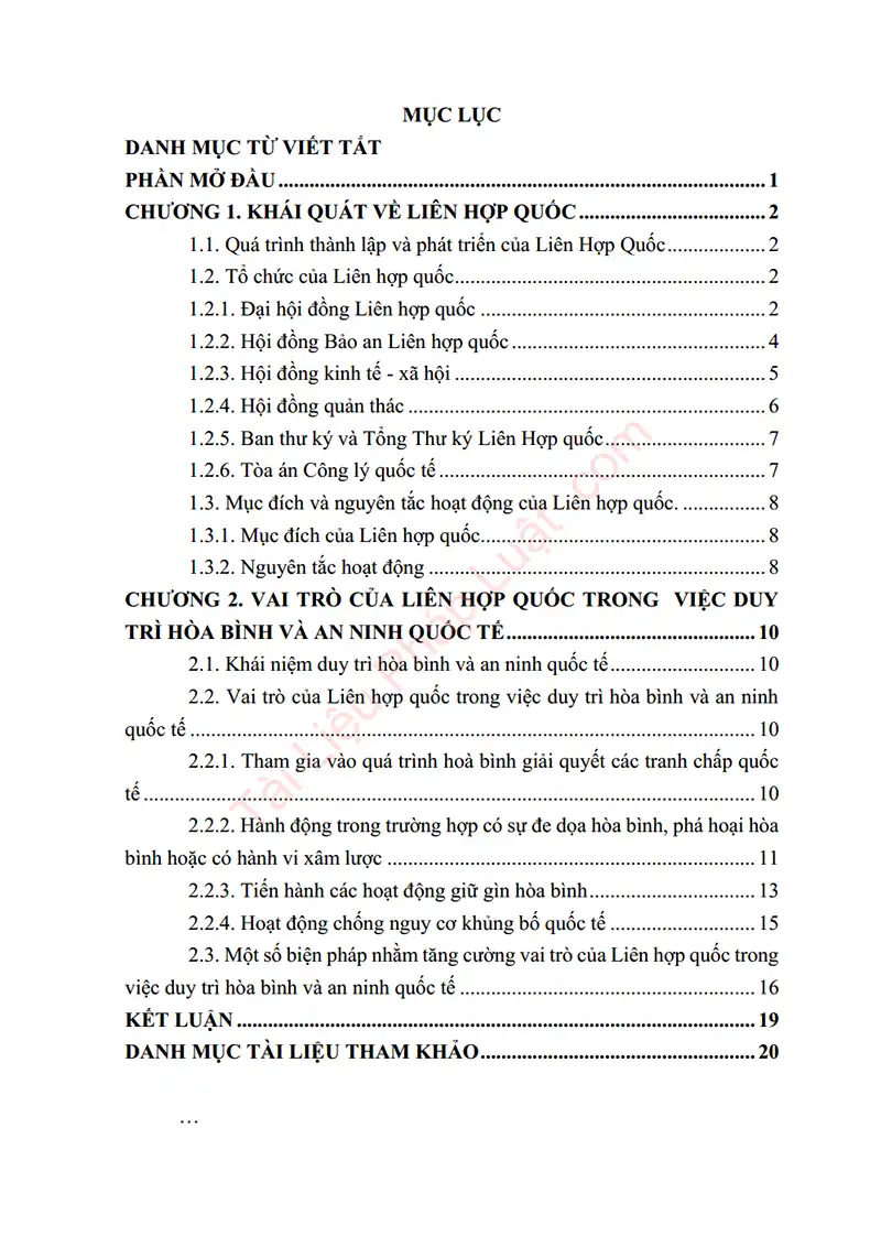 Mục lục: Tiểu luận: Liên Hợp Quốc – Tổ chức, hoạt động và vai trò trong việc duy trì hòa bình và an ninh quốc tế - Bản xem trước trang 01