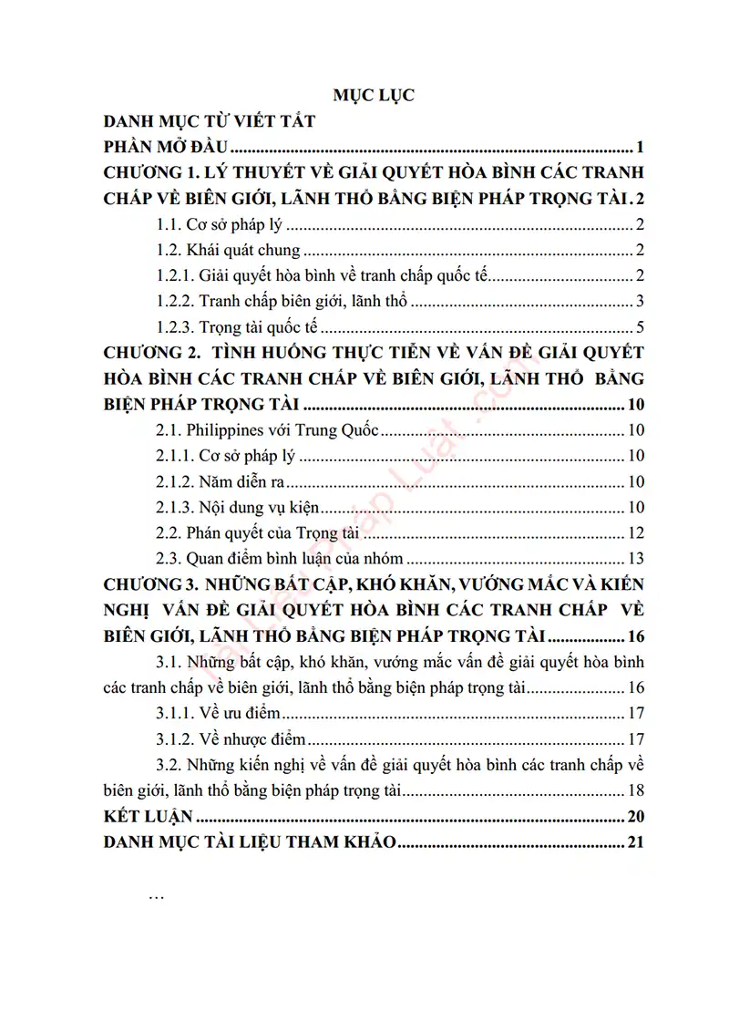 Mục lục: Tiểu luận: Những vấn đề lý thuyết và thực tiễn về giải quyết hòa bình các tranh chấp về biên giới, lãnh thổ bằng biện pháp trọng tài - Bản xem trước trang 01