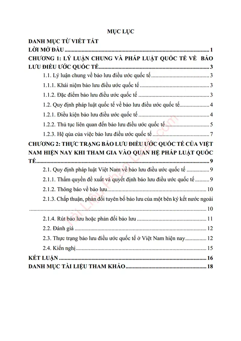 Xem trước mục lục: Tiểu luận: Quy định về bảo lưu điều ước quốc tế và thực trạng bảo lưu điều ước quốc tế của Việt Nam hiện nay khi tham gia vào quan hệ quốc tế - Trang 01 Mục lục: Tiểu luận: Quy định về bảo lưu điều ước quốc tế và thực trạng bảo lưu điều ước quốc tế của Việt Nam hiện nay khi tham gia vào quan hệ quốc tế - Bản xem trước trang 01