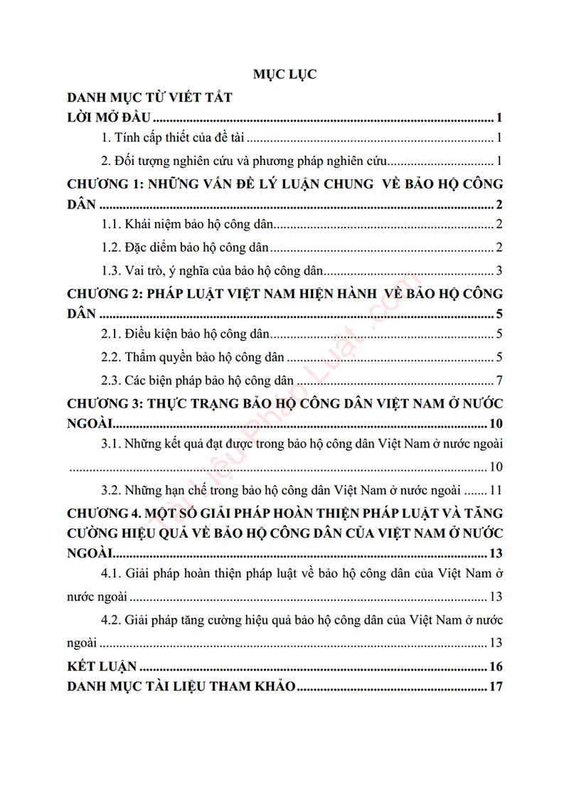 Xem trước mục lục: Tiểu luận: Quy định về bảo hộ công dân và thực trạng bảo hộ công dân của Việt Nam ở nước ngoài - Trang 01 Mục lục: Tiểu luận: Quy định về bảo hộ công dân và thực trạng bảo hộ công dân của Việt Nam ở nước ngoài - Bản xem trước trang 01