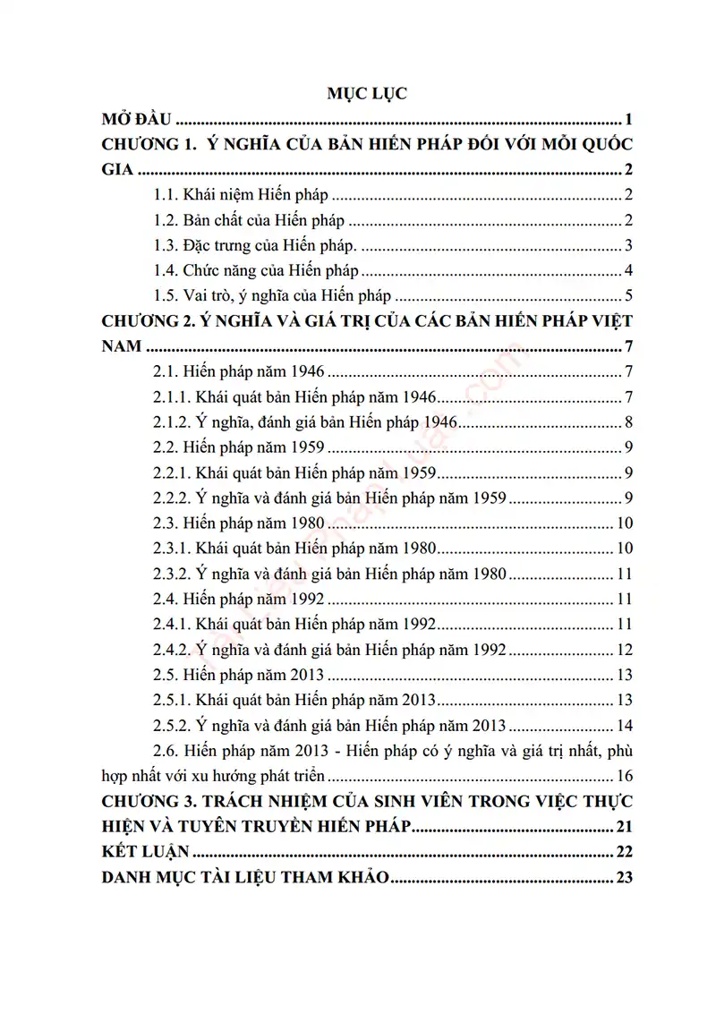 Xem trước mục lục: Tiểu luận: Phân tích ý nghĩa của bản Hiến pháp đối với mỗi quốc gia? Qua 05 bản Hiến pháp Việt Nam, đánh giá và luận giải bản Hiến pháp nào có ý nghĩa và giá trị nhất, phù hợp nhất với xu hướng phát triển - Trang 01 Mục lục: Tiểu luận: Phân tích ý nghĩa của bản Hiến pháp đối với mỗi quốc gia? Qua 05 bản Hiến pháp Việt Nam, đánh giá và luận giải bản Hiến pháp nào có ý nghĩa và giá trị nhất, phù hợp nhất với xu hướng phát triển - Bản xem trước trang 01