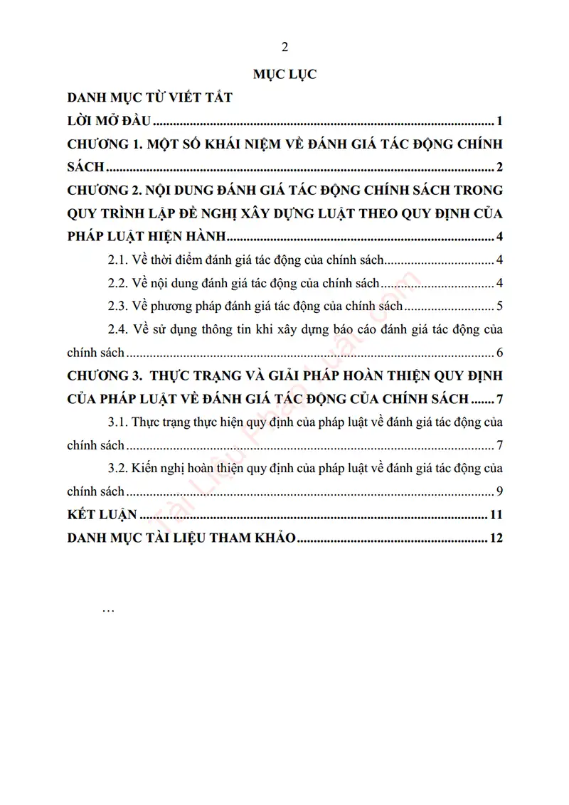 Xem trước mục lục: Tiểu luận: Phân tích nội dung đánh giá tác động chính sách trong quy trình lập đề nghị xây dựng luật theo quy định của pháp luật hiện hành - Trang 01 Mục lục: Tiểu luận: Phân tích nội dung đánh giá tác động chính sách trong quy trình lập đề nghị xây dựng luật theo quy định của pháp luật hiện hành - Bản xem trước trang 01