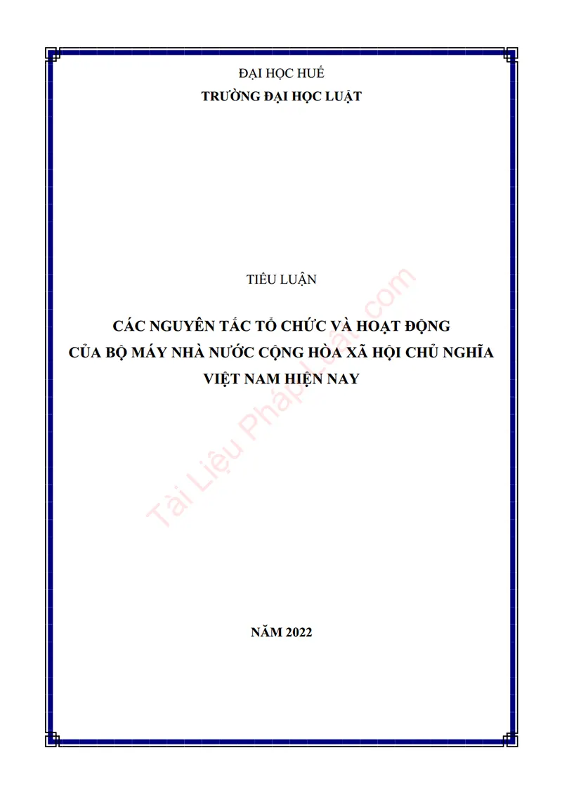 Ảnh bìa Tiểu luận: Các nguyên tắc tổ chức và hoạt động của bộ máy nhà nước Cộng hòa XHCN Việt Nam