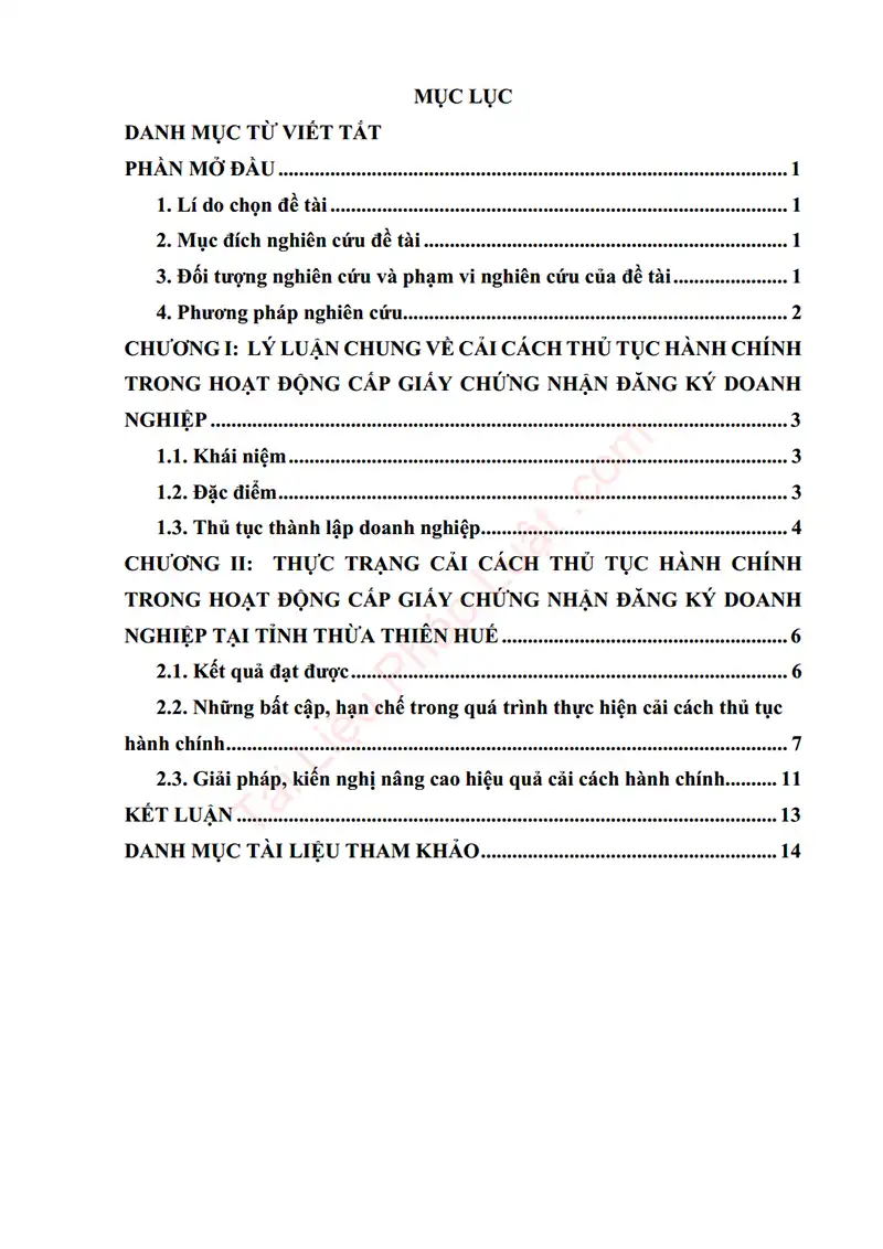 Xem trước mục lục: Tiểu luận: Cải cách thủ tục hành chính trong hoạt động cấp Giấy chứng nhận đăng ký doanh nghiệp, qua thực tiễn tại tỉnh Thừa Thiên Huế - Trang 01 Mục lục: Tiểu luận: Cải cách thủ tục hành chính trong hoạt động cấp Giấy chứng nhận đăng ký doanh nghiệp, qua thực tiễn tại tỉnh Thừa Thiên Huế - Bản xem trước trang 01