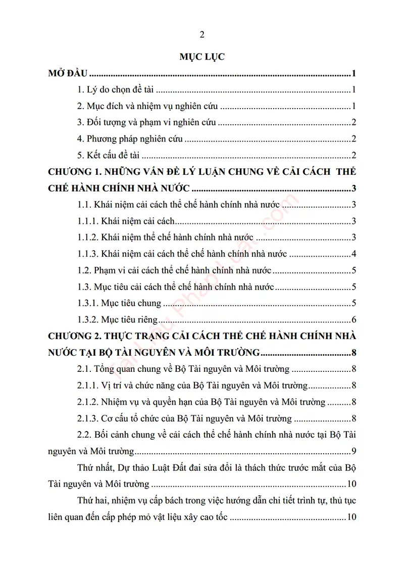 Mục lục: Tiểu luận: Thực trạng và giải pháp cải cách thể chế hành chính nhà nước tại Bộ Tài nguyên và Môi trường - Bản xem trước trang 01