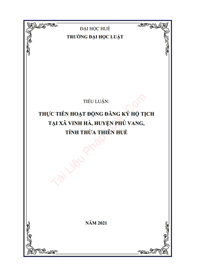 Ảnh bìa Tiểu luận: Thực tiễn hoạt động đăng ký hộ tịch tại xã Vinh Hà, huyện Phú Vang, tỉnh Thừa Thiên Huế