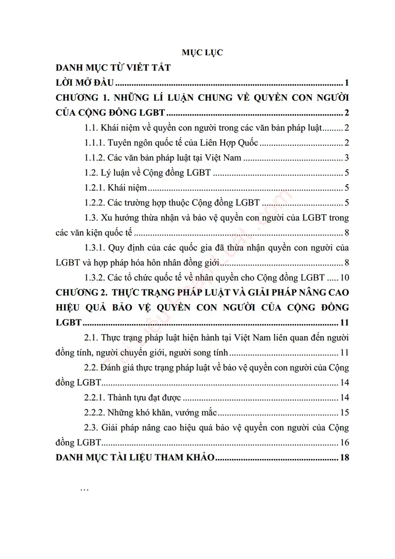 Mục lục: Tiểu luận: Pháp luật về quyền con người của cộng đồng LGBT - Bản xem trước trang 01