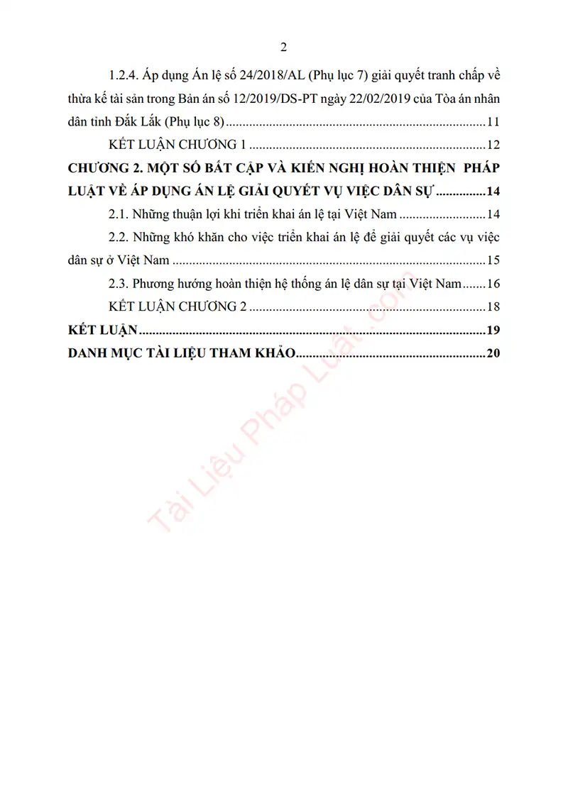 Mục lục: Tiểu luận: Áp dụng án lệ trong giải quyết vụ việc dân sự – Một số hạn chế, vướng mắc và kiến nghị hoàn thiện - Bản xem trước trang 02