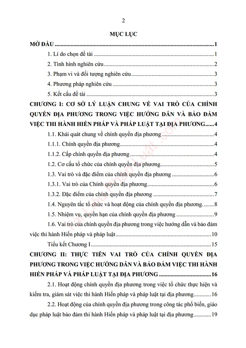 Xem trước mục lục: Tiểu luận: Vai trò của chính quyền địa phương trong việc hướng dẫn và bảo đảm việc thi hành Hiến pháp và pháp luật tại địa phương - Trang 01 Mục lục: Tiểu luận: Vai trò của chính quyền địa phương trong việc hướng dẫn và bảo đảm việc thi hành Hiến pháp và pháp luật tại địa phương - Bản xem trước trang 01