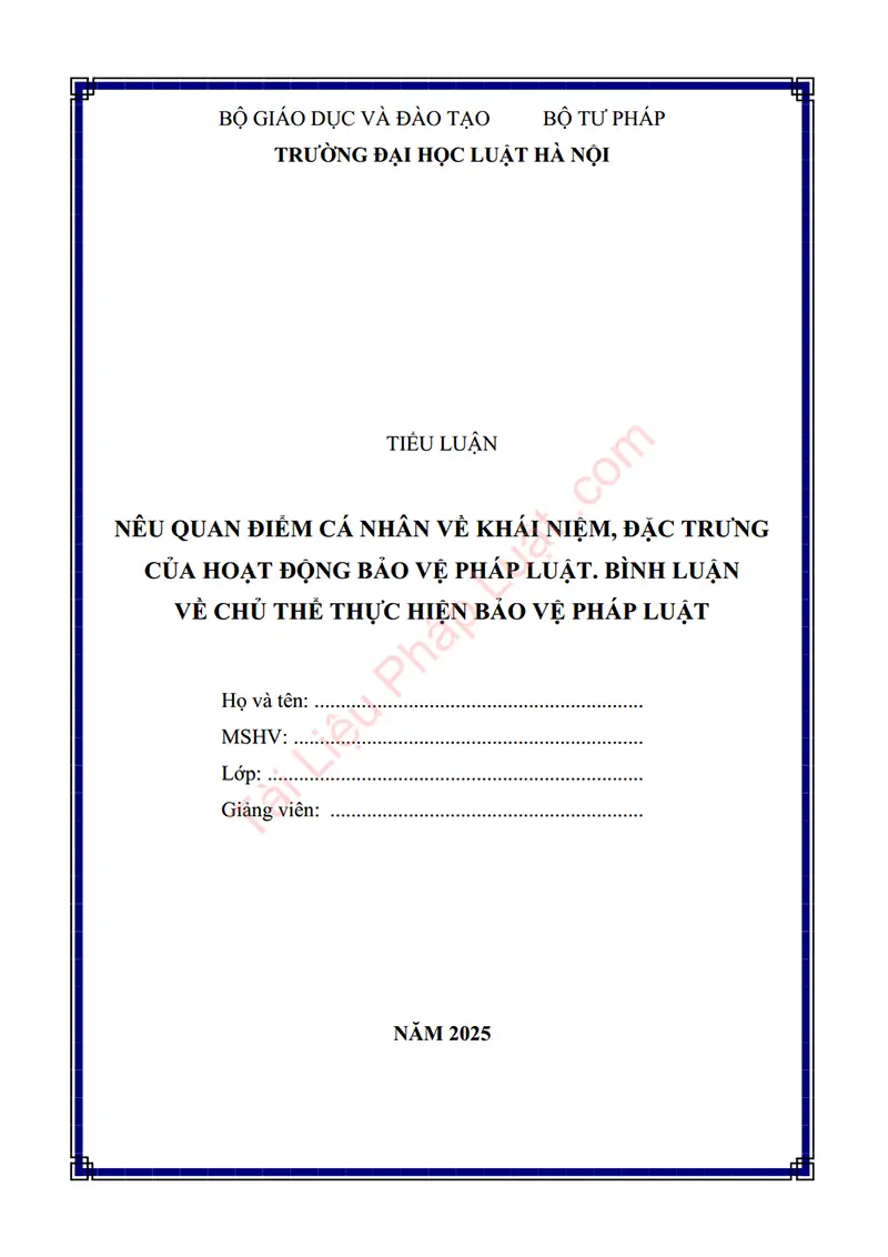 Ảnh bìa Tiểu luận: Nêu quan điểm cá nhân về khái niệm, đặc trưng của hoạt động bảo vệ pháp luật – Bình luận về chủ thể thực hiện bảo vệ pháp luật?