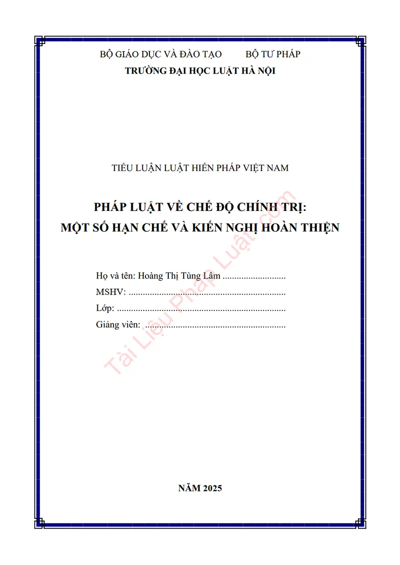 Ảnh bìa Tiểu luận: Pháp luật về chế độ chính trị – Một số hạn chế và kiến nghị hoàn thiện
