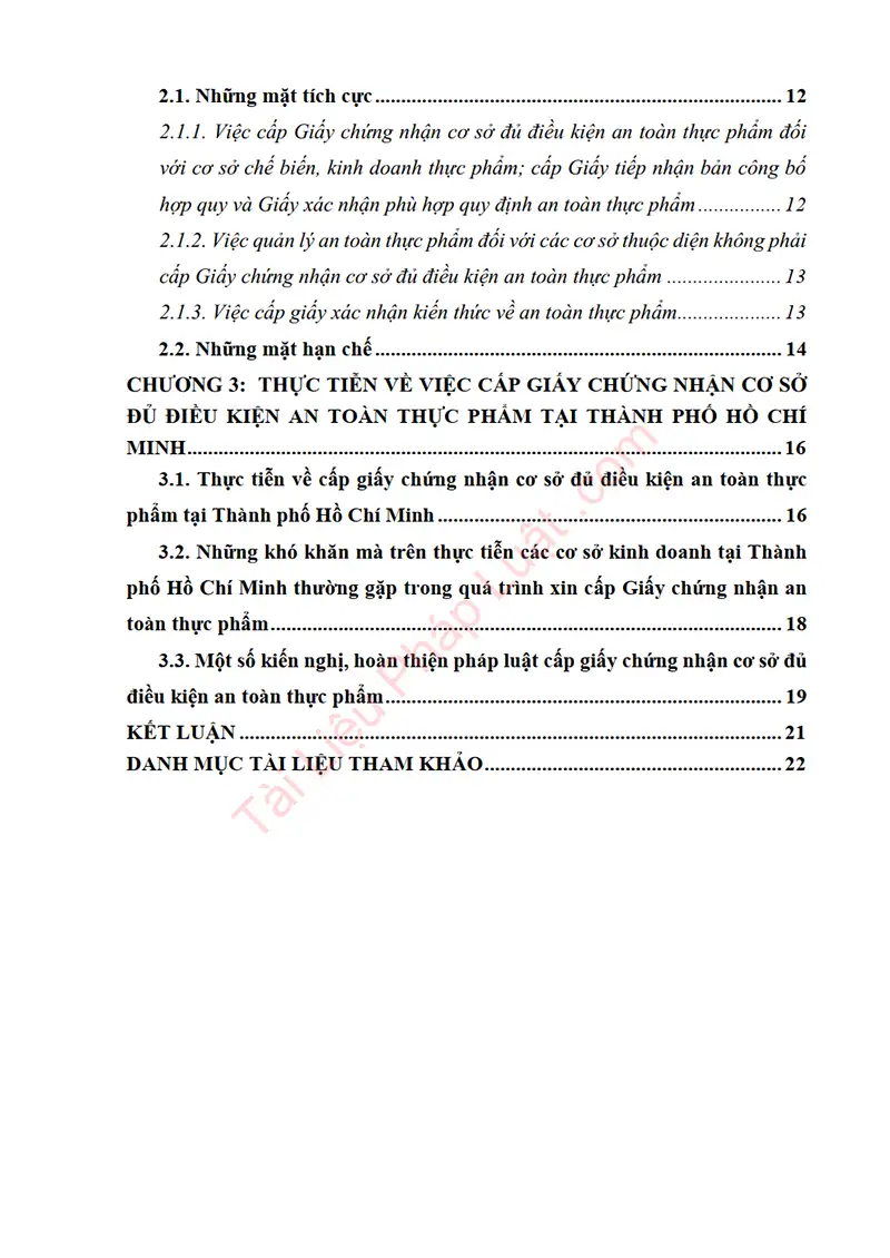 Xem trước mục lục: Tiểu luận: Pháp luật về cấp Giấy chứng nhận cơ sở đủ điều kiện an toàn thực phẩm, thực tiễn tại TP. Hồ Chí Minh - Trang 02 Mục lục: Tiểu luận: Pháp luật về cấp Giấy chứng nhận cơ sở đủ điều kiện an toàn thực phẩm, thực tiễn tại TP. Hồ Chí Minh - Bản xem trước trang 02