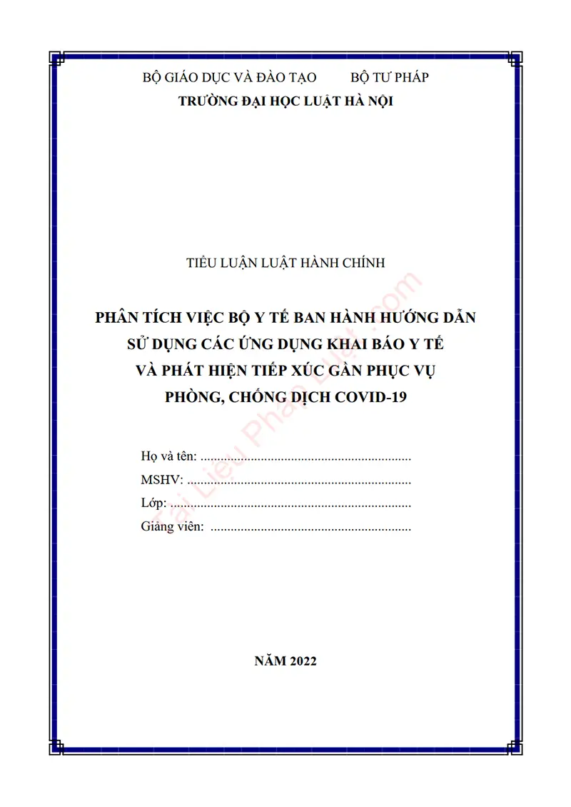 Ảnh bìa Tiểu luận: Phân tích việc Bộ Y tế ban hành hướng dẫn sử dụng các ứng dụng khai báo y tế và phát hiện tiếp xúc gần phục vụ phòng, chống dịch Covid-19