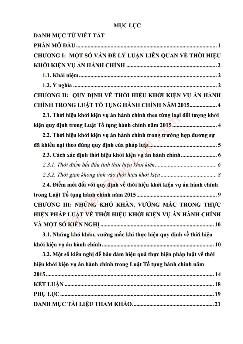 Mục lục: Tiểu luận: Pháp luật về thời hiệu khởi kiện vụ án hành chính trong LTTHC năm 2015 - Bản xem trước trang 01