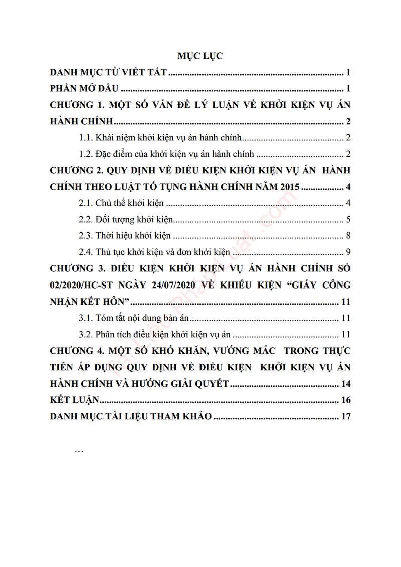 Xem trước mục lục: Tiểu luận: Phân tích điều kiện khởi kiện vụ án hành chính theo quy định của LTTHC 2015. Lấy ví dụ về 01 vụ án cụ thể để phân tích, làm rõ các điều kiện khởi kiện vụ án hành chính đó - Trang 01 Mục lục: Tiểu luận: Phân tích điều kiện khởi kiện vụ án hành chính theo quy định của LTTHC 2015. Lấy ví dụ về 01 vụ án cụ thể để phân tích, làm rõ các điều kiện khởi kiện vụ án hành chính đó - Bản xem trước trang 01