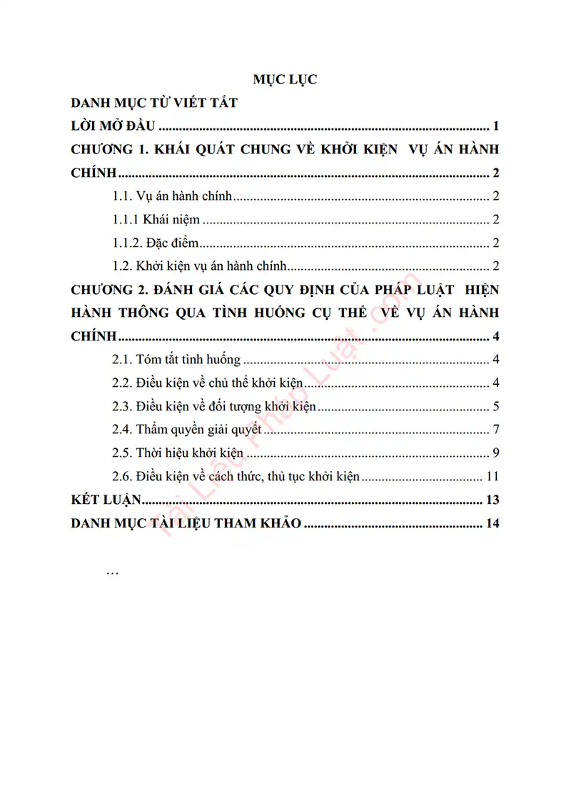 Xem trước mục lục: Tiểu luận: Đánh giá các quy định pháp luật hiện hành về điều kiện khởi kiện vụ án hành chính thông qua tình huống cụ thể - Trang 01 Mục lục: Tiểu luận: Đánh giá các quy định pháp luật hiện hành về điều kiện khởi kiện vụ án hành chính thông qua tình huống cụ thể - Bản xem trước trang 01