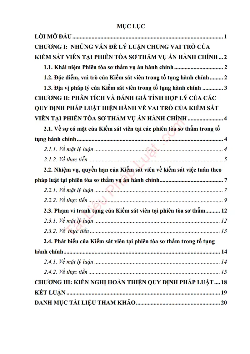 Xem trước mục lục: Tiểu luận: Phân tích và đánh giá tính hợp lý của quy định pháp luật hiện hành về vai trò của Kiểm sát viên tại phiên tòa sơ thẩm vụ án hành chính - Trang 01 Mục lục: Tiểu luận: Phân tích và đánh giá tính hợp lý của quy định pháp luật hiện hành về vai trò của Kiểm sát viên tại phiên tòa sơ thẩm vụ án hành chính - Bản xem trước trang 01