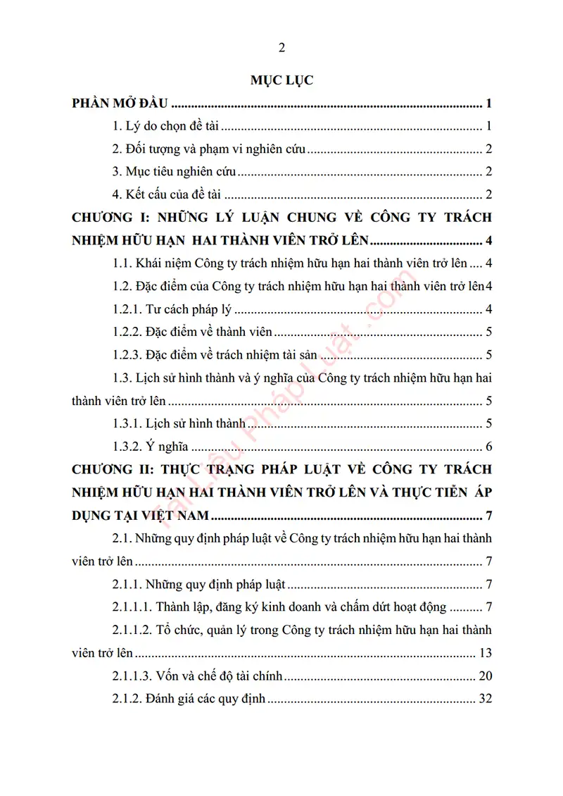 Mục lục: Tiểu luận: Pháp luật Việt Nam về Công ty trách nhiệm hữu hạn hai thành viên trở lên – Thực trạng áp dụng tại Việt Nam - Bản xem trước trang 01