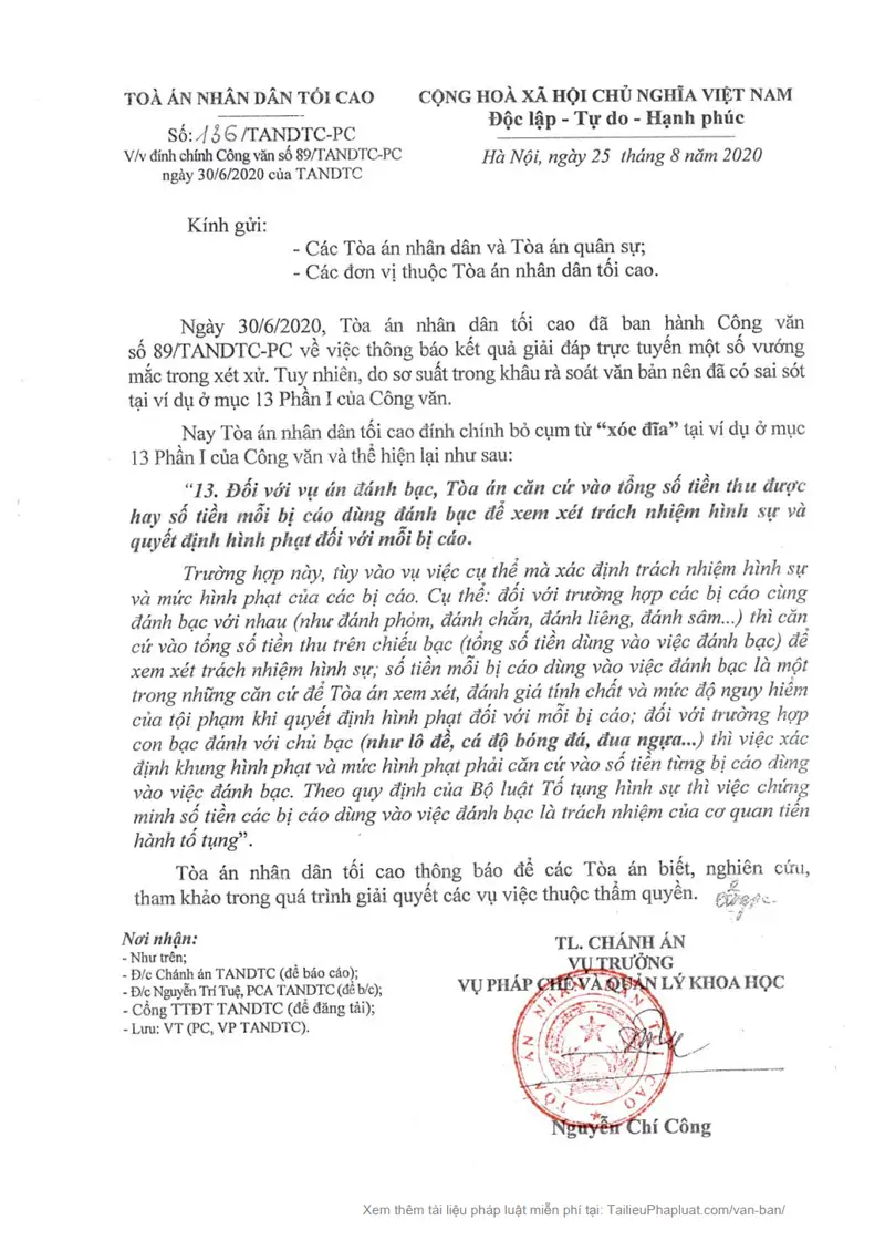 Ảnh bìa Công văn số 136/TANDTC-PC ngày 25/08/2020 TANDTC đính chính Công văn 89/TANDTC-PC ngày 30/06/2020