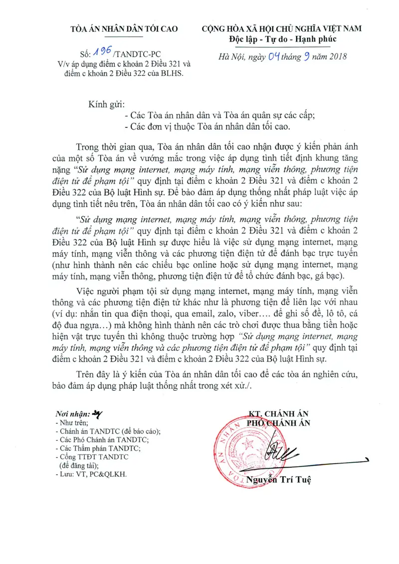 Ảnh bìa Công văn số 196/TANDTC-PC ngày 04/09/2018 TANDTC hướng dẫn áp dụng tình tiết “Sử dụng mạng internet, mạng máy tính” trong Tội đánh bạc, tổ chức đánh bạc, gá bạc theo điểm c khoản 2 Điều 321, Điều 322 BLHS
