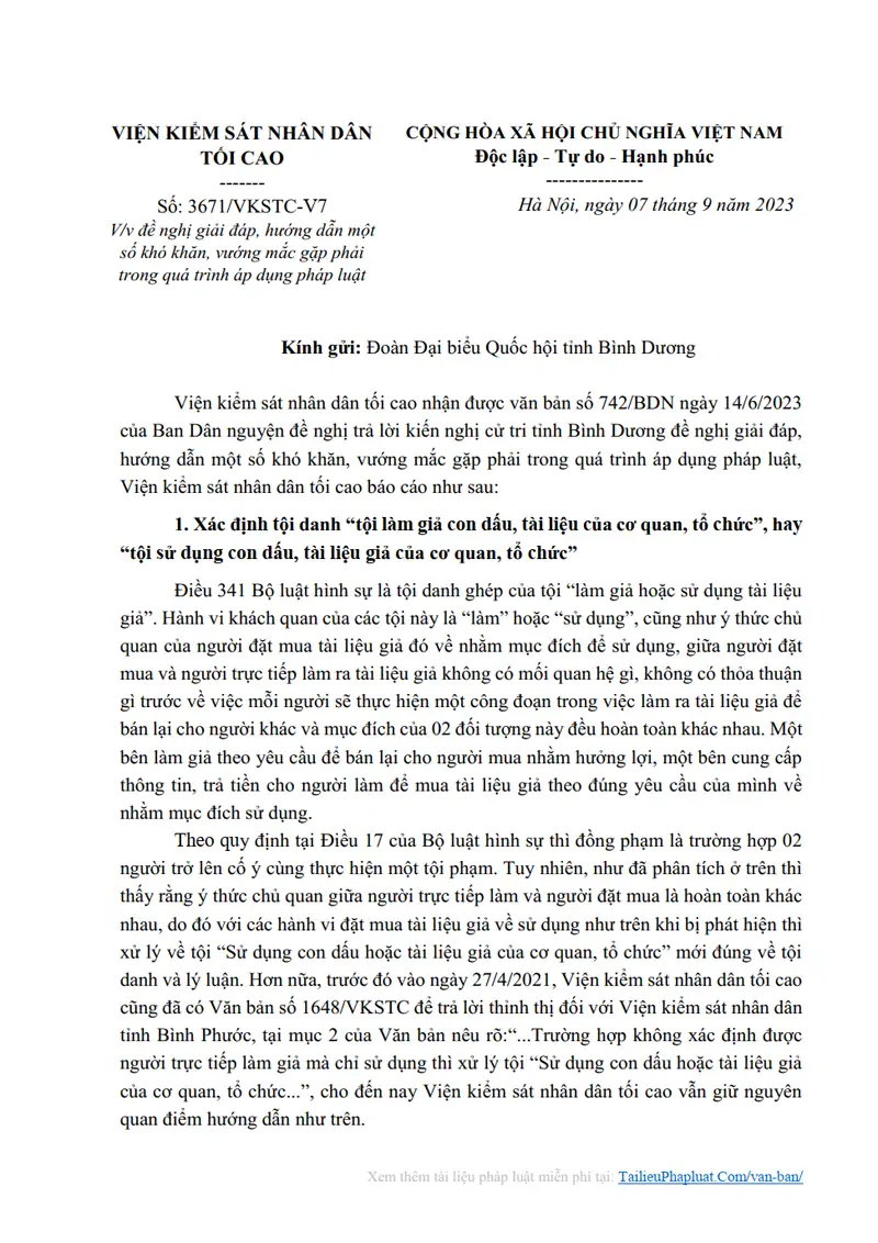 Ảnh bìa Công văn số 3671/VKSTC-V7 ngày 07/09/2023 VKSNDTC Hướng dẫn khó khăn, vướng mắc trong áp dụng pháp luật hình sự