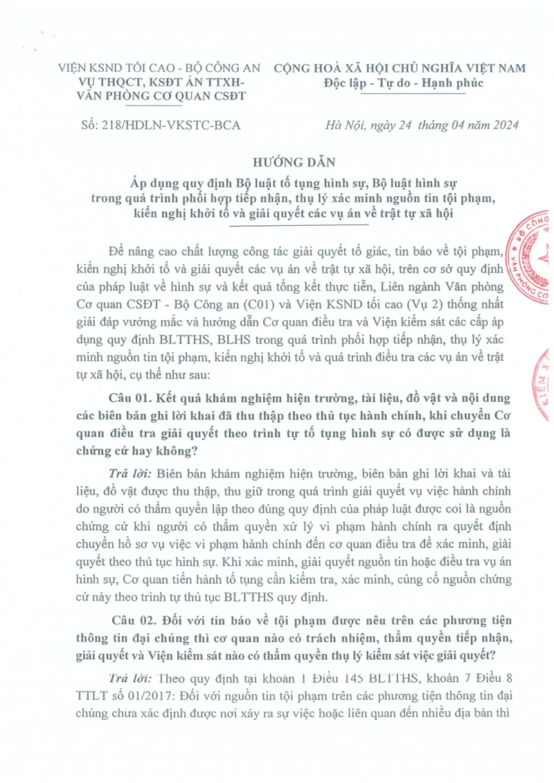 Ảnh bìa Hướng dẫn số 218/HDLN-VKSTC-BCA ngày 24/04/2024 của Văn phòng Cơ quan Cảnh sát điều tra Bộ Công an và VKSNDTC (Vụ 2) hướng dẫn phối hợp liên ngành giải quyết tin báo và vụ án về trật tự xã hội