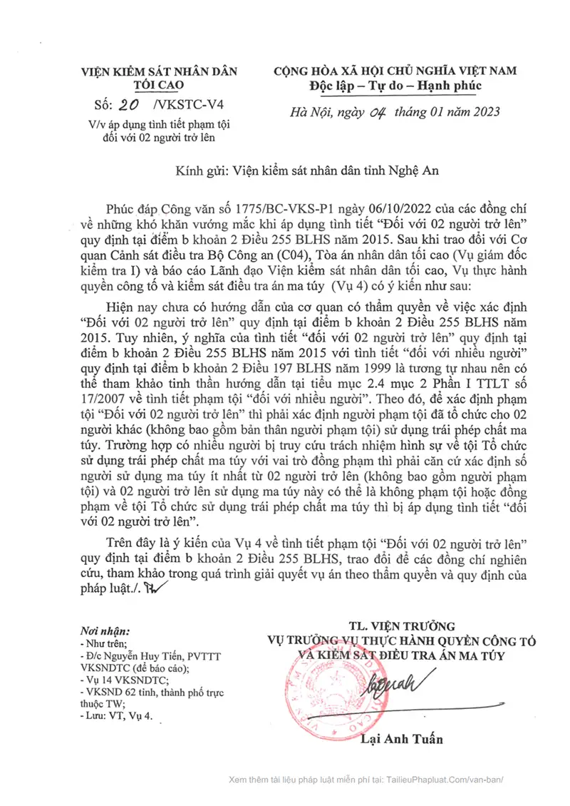 Ảnh bìa Công văn số 20/VKSTC-V4 ngày 04/01/2023 của VKSNDTC Hướng dẫn áp dụng tình tiết phạm tội “đối với 02 người trở lên” theo điểm b khoản 2 Điều 255 BLHS (Tội tổ chức sử dụng trái phép chất ma túy)