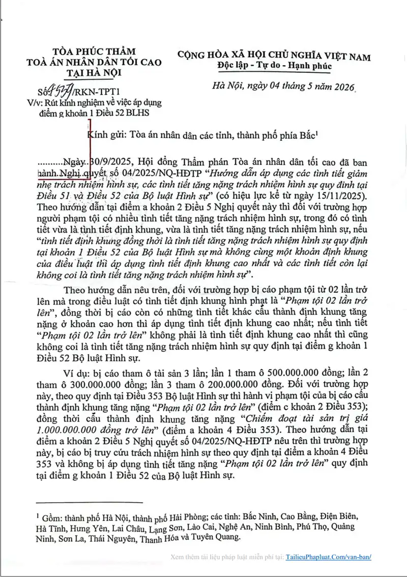 Ảnh bìa TBRKN số 4559/RKN-TPT1 ngày 04/05/2026 Tòa phúc thẩm TANDTC tại Hà Nội thông báo rút kinh nghiệm về việc áp dụng điểm g khoản 1 Điều 52 BLHS về tình tiết “phạm tội 02 lần trở lên”