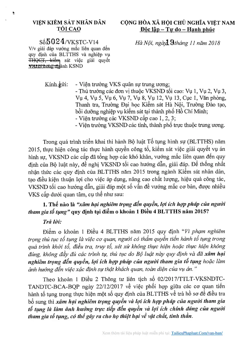 Ảnh bìa Công văn số 5024/VKSTC-V14 ngày 19/11/2018 VKSNDTC Giải đáp vướng mắc liên quan đến quy định BLTTHS và nghiệp vụ kiểm sát việc giải quyết vụ án hình sự